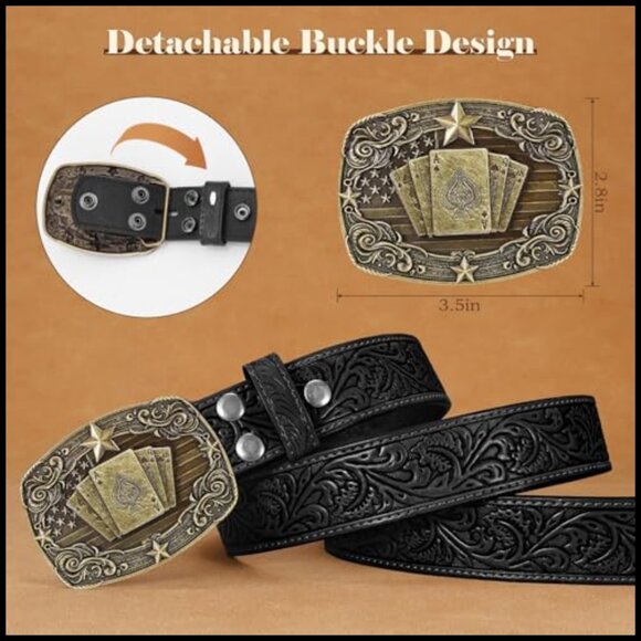 Western Leather Belt with Detachable Poker Buckle, Adjustable Fit main image 7